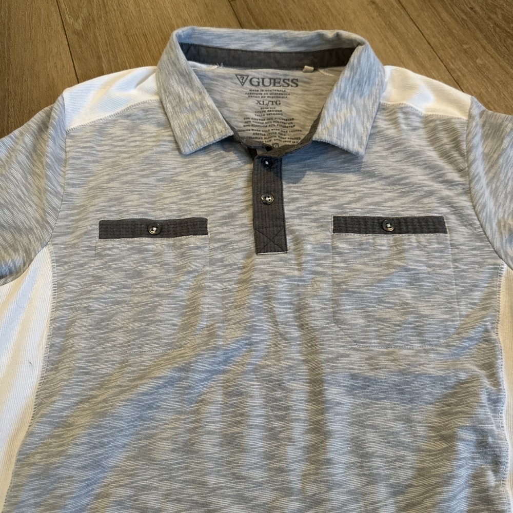 Guess Men's Slim Fit Color Block Polo Shirt Gray/White Pockets XL Preowned